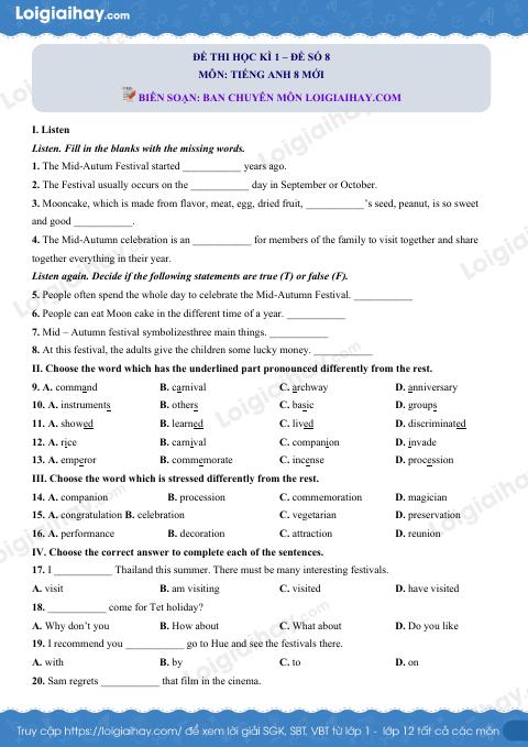 Đề số 8 - Đề kiểm tra học kì 1 - Tiếng Anh 8 mới